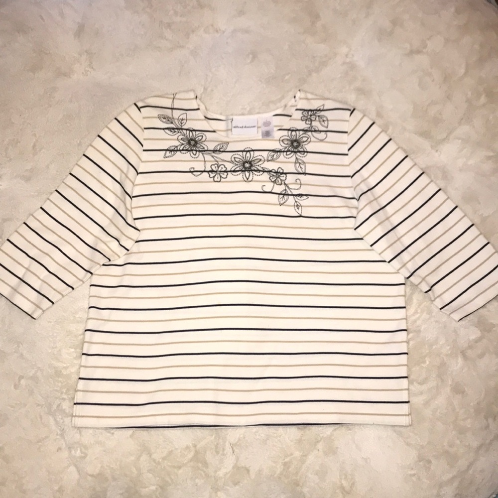 Alfred Dunner Striped 3/4 Sleeve Striped Top